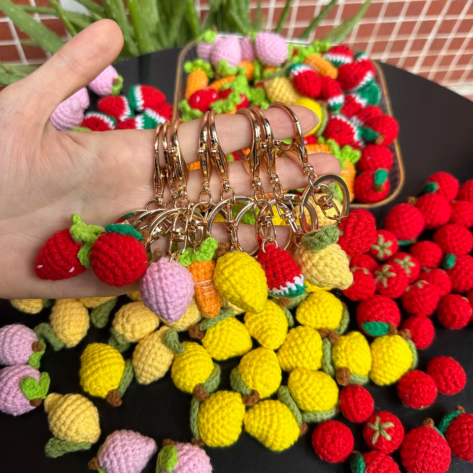 10pcs Finished Mini Fruits Hand Knitted Keychain Crocheted Mango lemon tomato Keyring Pendants Handbag Decor Women Jewelry Gifts