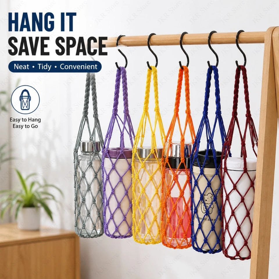 Hand Woven Water Bottle Mesh Bag Cotton Rope Cup Cover Portable Hanging Holder for Outdoor Travel Kitchen Drinkware Accessories