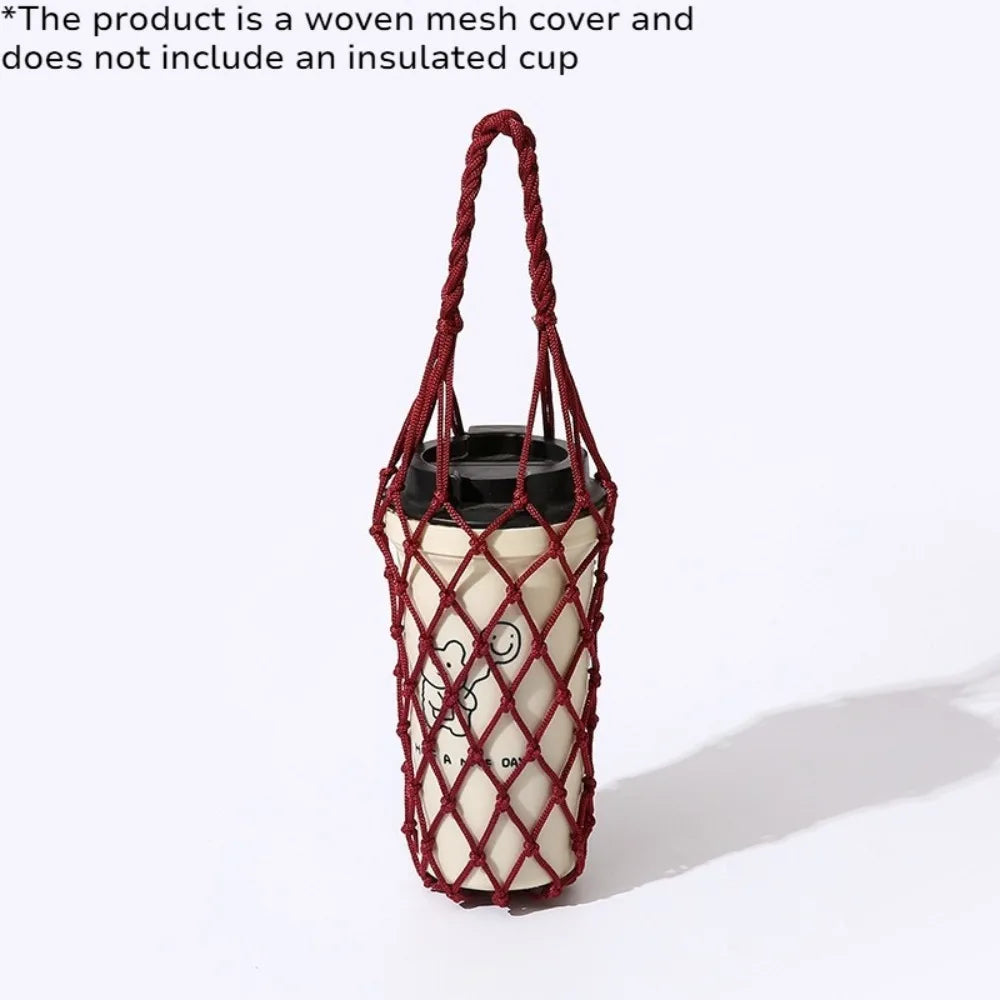 Hand Woven Water Bottle Mesh Bag Cotton Rope Cup Cover Portable Hanging Holder for Outdoor Travel Kitchen Drinkware Accessories