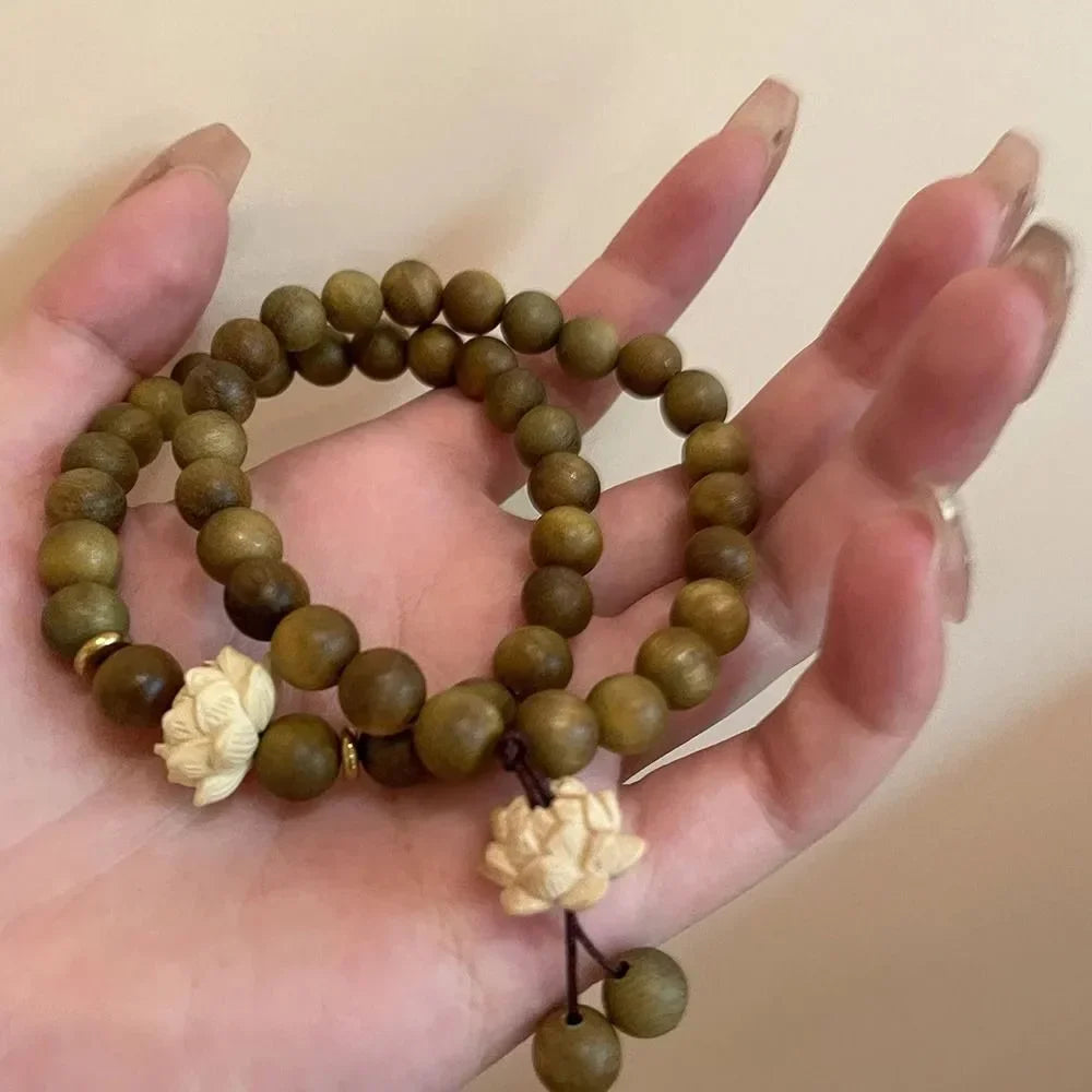 Fashion Elastic Flower Bracelet Hand Woven Rosary Wood Bead Bracelet Natural Sandalwood Lucky Bracelet Luxury For Women