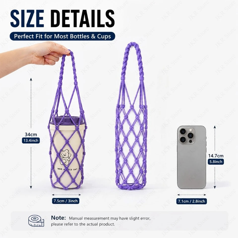 Hand Woven Water Bottle Mesh Bag Cotton Rope Cup Cover Portable Hanging Holder for Outdoor Travel Kitchen Drinkware Accessories